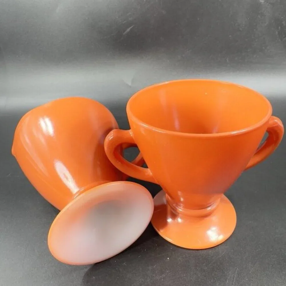 Vintage Hazel Atlas Glass Sugar And Creamer Set Marked‎ Kitchenware Orange Glaze
